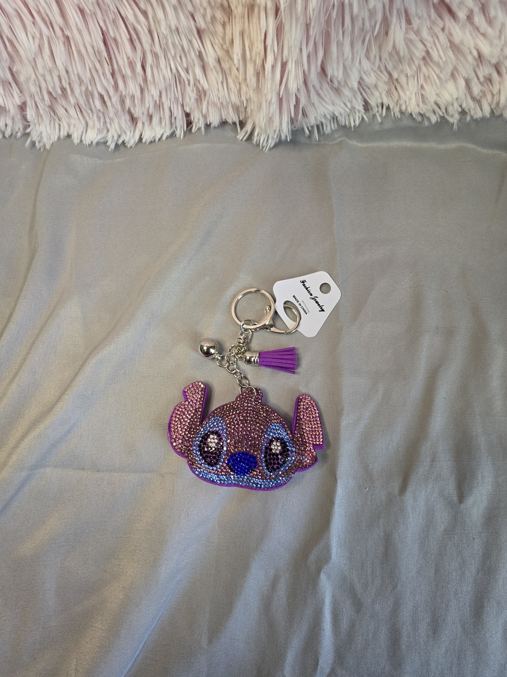 Kids Purple Crystal Stitch Face Keychain Bag Charm